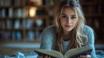 Poster - female student sitting on floor drinking coffee, studying for final exam at university beautiful student at home