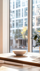 A minimalistic indoor setting featuring a bowl and potted plant by large windows with a city view during daylight