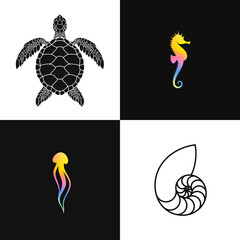 Poster - Sea creature vector. Abstract seahorse jellyfish nautilus shell and turtle. Sea life sign