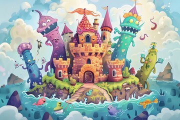 Wall Mural - Castle, monster, surreal images set, fantasy fairytale characters, scary mythology beasts, doodle fish dragons