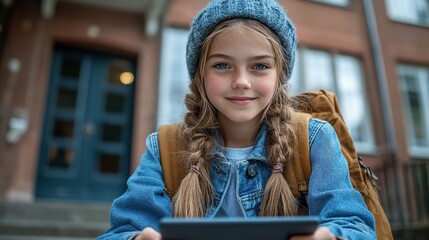 Wall Mural - girl sitting in front of school building scrolling on tablet using social medi online bullying or cyberbullying for young schoolgirl