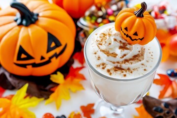 Glass of white milk with a pumpkin on top. The pumpkin is orange and has a black face. a milkshake featuring a pumpkin lollipop and spices