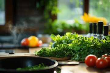 Fresh herbs and vegetables arranged on a kitchen countertop, with a blurred background of a warm, inviting culinary space, showcasing the essence of healthy cooking.