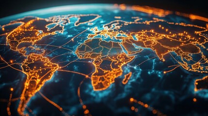 Poster - A globe with a blue background and orange lines representing the world