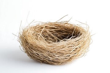 A bird's nest made of branches and blades of grass is placed on a white background.