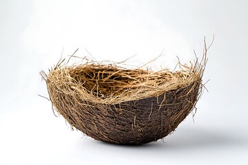 Canvas Print - A bird's nest made of branches and blades of grass is placed on a white background.