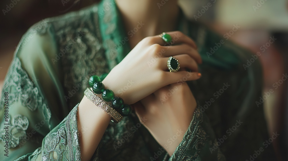 Elegant woman wearing a jade bracelet, her stylish attire complemented by the rich green hues of the jade stones
