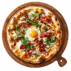 Wall Mural - Pizza Carbonara with Bacon, Cheese, Rucola, Tomato Sauce, Mozzarella and Raw Egg Yolk Isolated