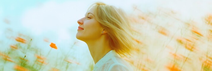 Sticker - A woman is standing in a field of flowers, with her hair blowing in the wind. She has a peaceful expression on her face, and the bright colors of the flowers create a sense of calm and serenity