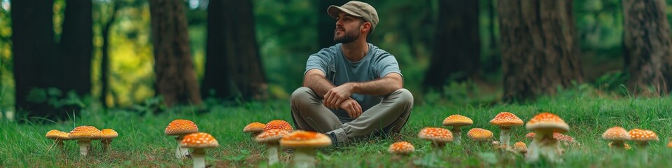 Canvas Print - A man sits in a field of mushrooms. The mushrooms are orange and scattered throughout the field. The man is enjoying the peacefulness of the scene