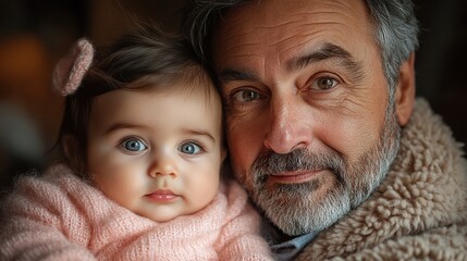 Wall Mural - handsome grandfather holding little baby girl in arms looking at her lovingly strong bond between grandparent, grandchild