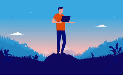 Work from anywhere - Man with laptop standing outdoors in nature landscape with laptop computer, working and smiling over total work freedom. Flat design vector illustration