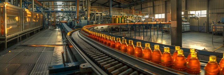 Wall Mural - Beverage Factory Interior, Conveyor with Juice Bottles, Drink Production Line, Juice Industry