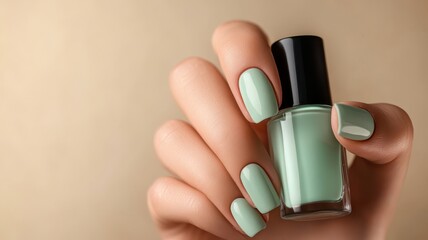 Young Woman hands hold green mint nail polish bottle on beige studio background,blue nail polish manicure,beauty,fashion concept.Copy space.