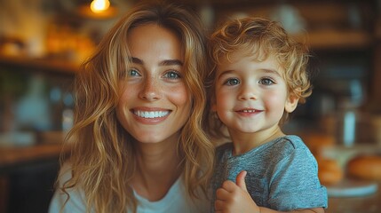 Poster - happy mother high fiving with little son when having breakfast in kitchen at home