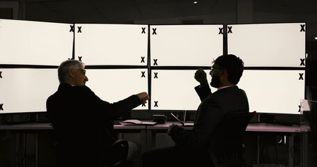 Canvas Print - Business, people and high five with computer screen for success, stock market and project achievement. Men, meeting and mockup space for investment victory, agreement goal and tracking markers