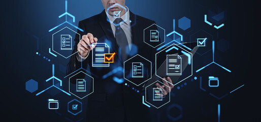 Poster - businessman pen touch document management system hologram with files