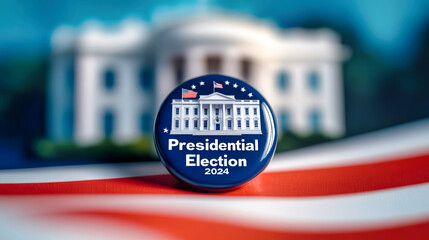 A campaign button declaring Presidential Election 2024 rests on a vibrant US flag, accompanied by a model of the White House, evoking political sentiment and civic engagement