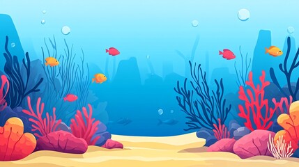 A colorful underwater scene with coral reefs, seaweed, and fish swimming in the ocean.