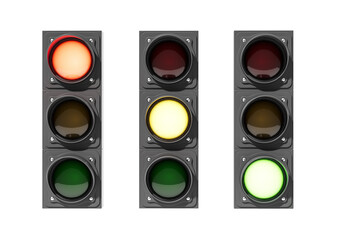 Three traffic lights set on white empty background