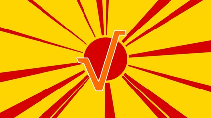 Poster - Square root symbol on the background of animation from moving rays of the sun. Large orange symbol increases slightly. Seamless looped 4k animation on yellow background