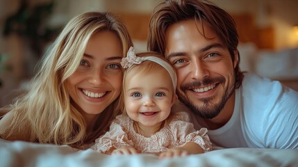 Sticker - happy young family with little daughter playing, having fun together at home