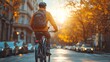 © Wiseman - hipster businessman commuter with electric bicycle traveling to work in city