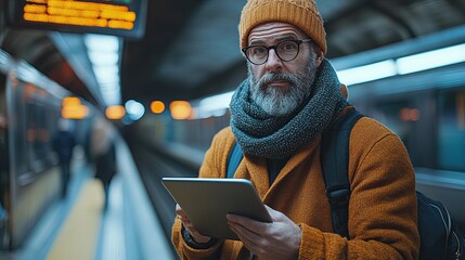 Poster - hipster businessman with tablet waiting train platform