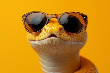 Wall Mural - Snake wearing sunglasses. The sunglasses are black. The snake is on a colorful wall. The wall is blue, green, and yellow. a cobra wearing sunglasses, against a colorful and vibrant background,