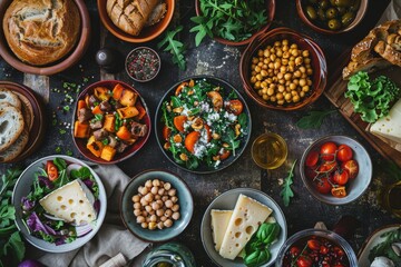 Wall Mural - Fried Vegetable Salad, Green Mix Meat and Chickpeas, Cheese Plate and Freshly Baked Bread