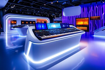 Poster - Futuristic sound laboratory, where visitors experiment with electronic music creation using advanced technology in a sleek music museum