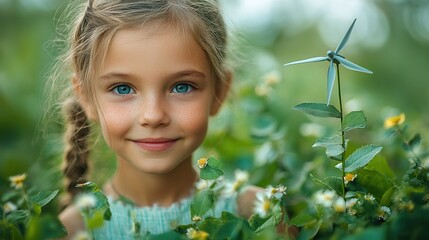 Wall Mural - little children standing in nature with model of wind turbine concept of ecology future, renewable resources