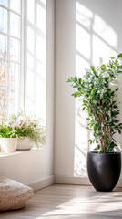 Bright and airy living space filled with natural light, showcasing potted plants by the window during a sunny morning