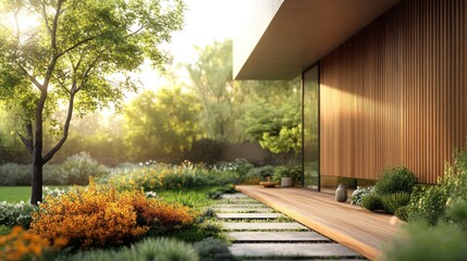 Serene garden landscape with modern architecture and vibrant flora.