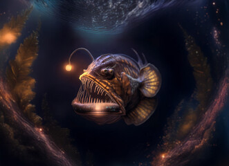 A large, deep-sea fish with a glowing lure and sharp teeth.