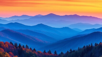 Wall Mural - Vibrant sunset painting the Smoky Mountains in rich hues with layers of blue and purple silhouettes at dusk