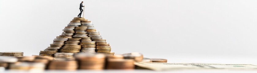 Person climbing money coin pyramid on white isolated background