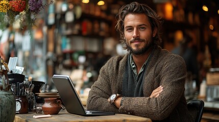 Poster - man in small business working in his bistro phone calling to supplier young male business owner
