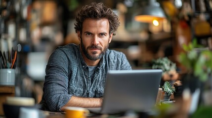 Poster - man in small business working in his bistro writing email to supplier young male business owner