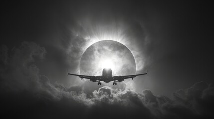 Poster - black and white, silhouette of airplane flying in front black eclipse