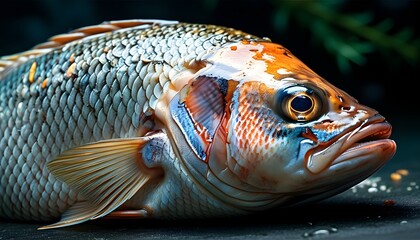 Detailed close-up of fresh fish highlighting vibrant scales and fins, perfect for culinary and aquatic themed projects.