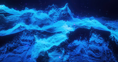 Poster - Abstract moving futuristic landscape of particles and dots of energy magic with glow and blur effect, abstract background