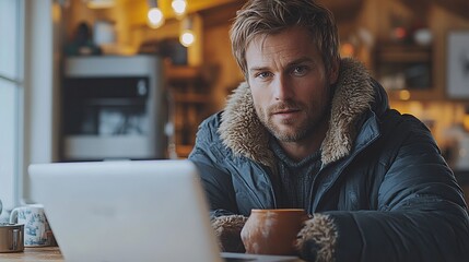 Poster - man working from home office using laptop sitting at kitchen table with cup of hot coffee working remotely from living room