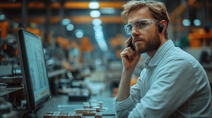 Poster - manager standing by computer in modern industrial factory making phone call manufacturing facility with robotics robotic arms, automation storing products, materials in warehouse