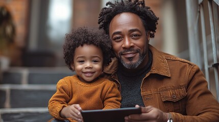 mature father with small son sitting on the stairs indoors using tablet