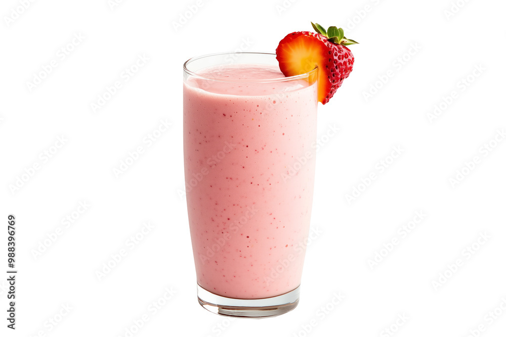 A strawberry smoothie in clear glass with fresh strawberry garnish, isolated on white background.
