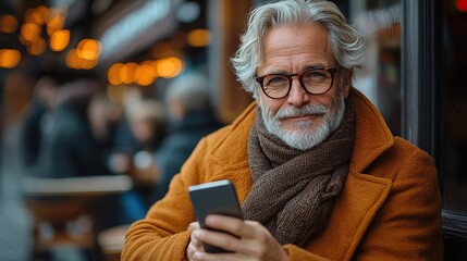 Wall Mural - mature man with coffee, smartphone at the table in cafe