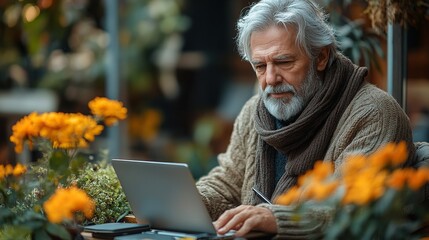 Poster - mature man with laptop, smartphone working outdoors in garden home office concept