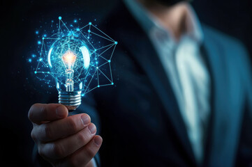 Poster - Businessman holding lightbulb connected with digital network concept of innovation and creativity idea