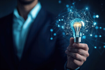 Aufkleber - Businessman holding light bulb connected with network concept for innovation and inspiration